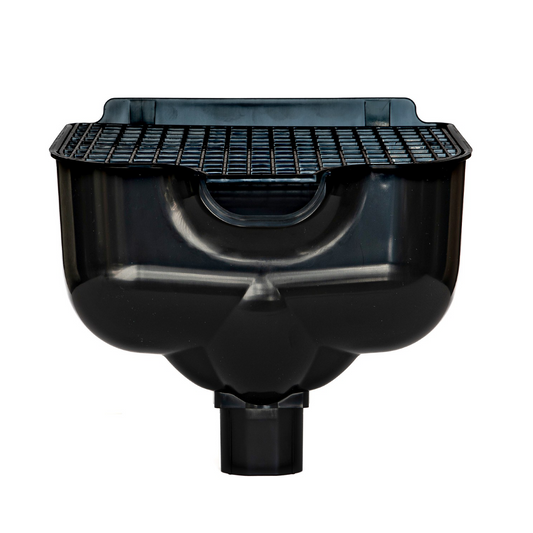 Proper Hopper Black – Rainwater Hopper Head (65mm / 68mm) Roof-level rainwater hopper head, conductor head, leader head, or scupper box that's designed to maintain water flow under blockage, provide visible overflow warning, and protect the building from sustained hidden water damage.