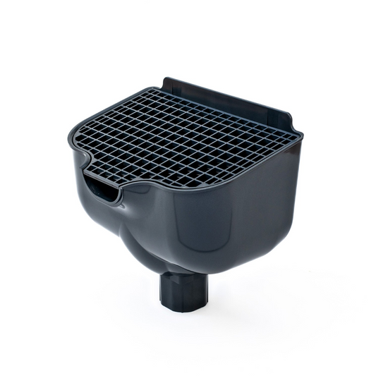 Proper Hopper Grey – Rainwater Hopper Head (65mm / 68mm) Roof-level rainwater hopper head, conductor head, leader head, or scupper box that's designed to maintain water flow under blockage, provide visible overflow warning, and protect the building from sustained hidden water damage.