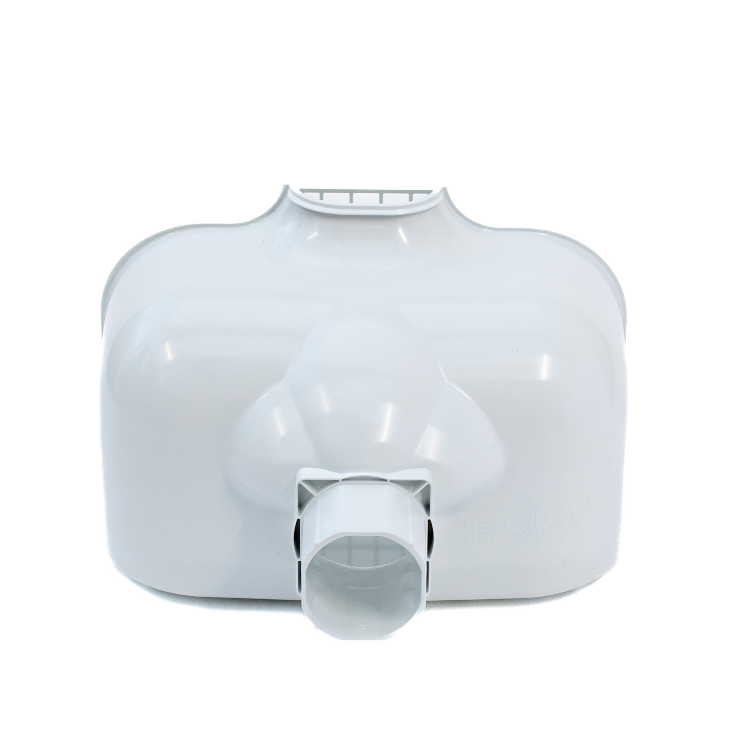 Proper Hopper White – Rainwater Hopper Head (65mm / 68mm) Roof-level rainwater hopper head, conductor head, leader head, or scupper box that's designed to maintain water flow under blockage, provide visible overflow warning, and protect the building from sustained hidden water damage.